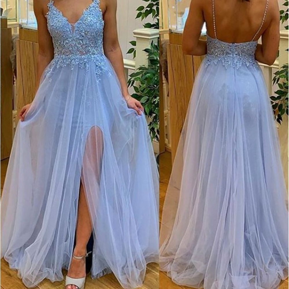 Baby Blue low cut backless floor length Prom Dress